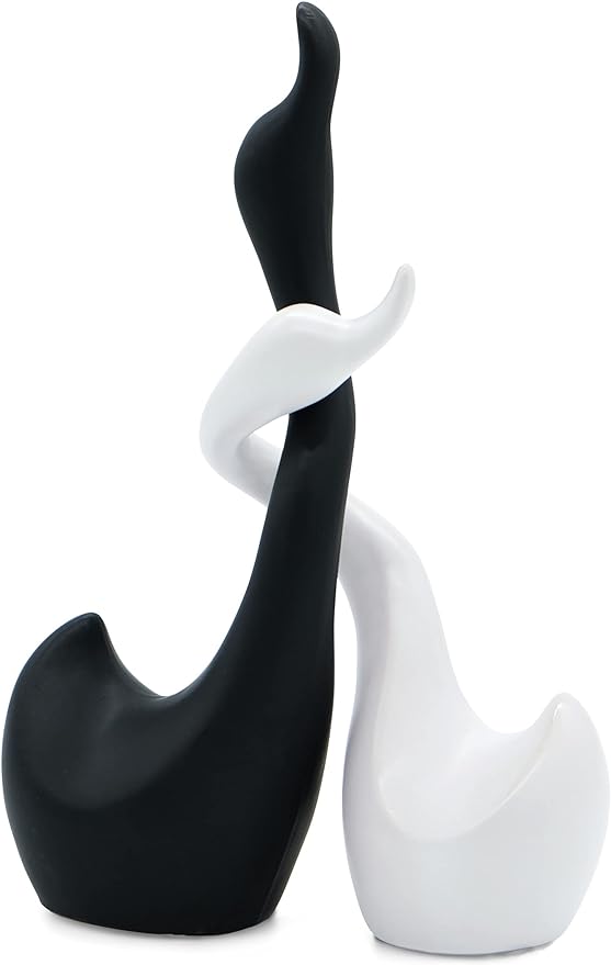 Loving Swans in Black and White Handmade Ceramic Sculpture Set 9” high