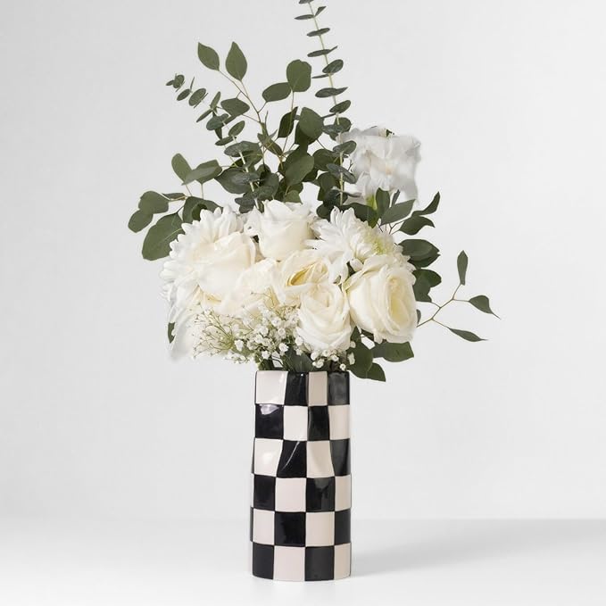 Small Checkered Decorative Ceramic Flower Vase (Aesthetic Black & White 8” Tall)