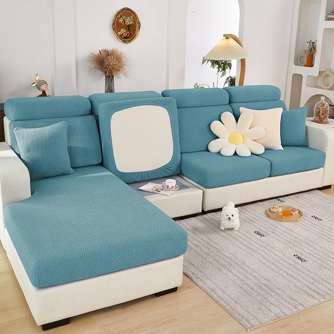 2024 New Wear-Resistant Universal Weave Sea Blue Chaise Lounge Sofa Cover